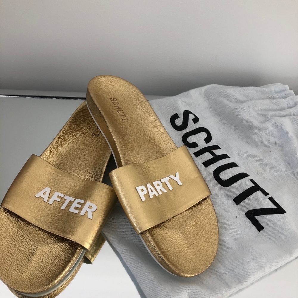 Shutz Custom Gold After Party Slides - image 2